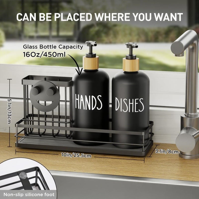 Moforoco Kitchen Dish Soap Dispenser Set 16OZ زجاج زجاجة اليد وصابون الأطباق مجموعة صينية جافة فورية غير قابلة للانزلاق حامل فرشاة سيليكون مع حامل إسفنجة وجه مبتسم (أسود) - Image 5