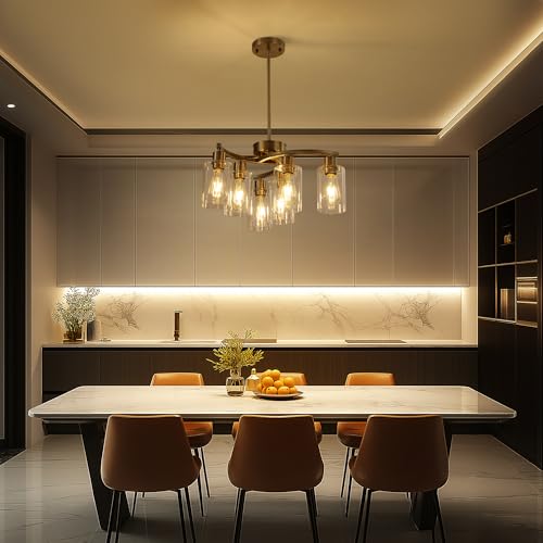 Sigaitwei 6 Light Farmhouse Brushed Nickel Chandelier,21.7" Modern Chandeliers for Dining Room Light Fixtures Over Table,Pendant Lights Kitchen Island,Metal Bracket with Downward Clear Glass Shade - Image 4