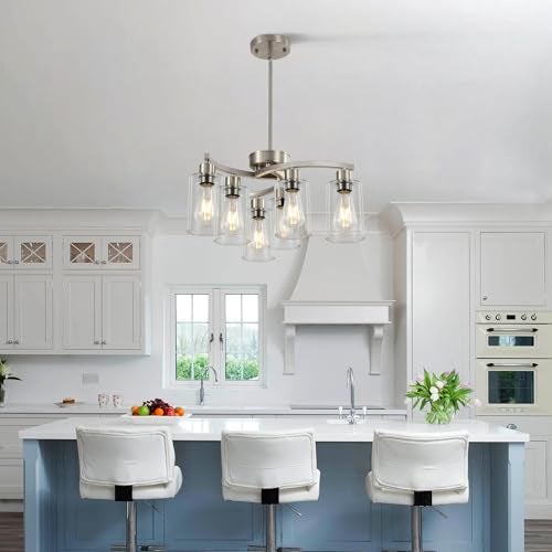 Sigaitwei 6 Light Farmhouse Brushed Nickel Chandelier,21.7" Modern Chandeliers for Dining Room Light Fixtures Over Table,Pendant Lights Kitchen Island,Metal Bracket with Downward Clear Glass Shade - Image 2