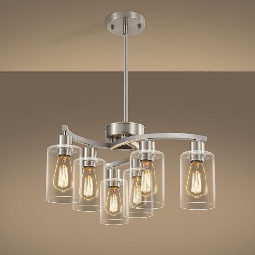 Sigaitwei 6 Light Farmhouse Brushed Nickel Chandelier,21.7" Modern Chandeliers for Dining Room Light Fixtures Over Table,Pendant Lights Kitchen Island,Metal Bracket with Downward Clear Glass Shade - Image 1