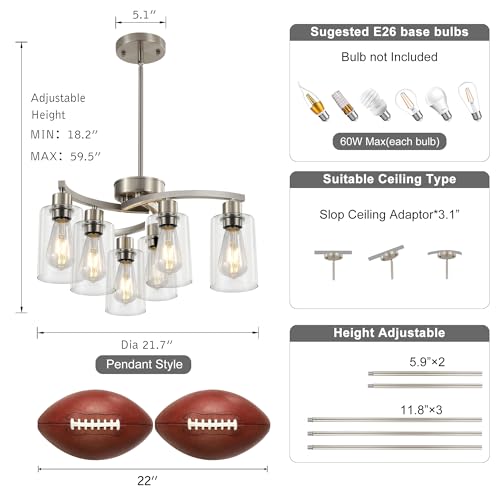 Sigaitwei 6 Light Farmhouse Brushed Nickel Chandelier,21.7" Modern Chandeliers for Dining Room Light Fixtures Over Table,Pendant Lights Kitchen Island,Metal Bracket with Downward Clear Glass Shade - Image 3