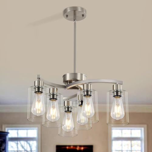 Sigaitwei 6 Light Farmhouse Brushed Nickel Chandelier,21.7" Modern Chandeliers for Dining Room Light Fixtures Over Table,Pendant Lights Kitchen Island,Metal Bracket with Downward Clear Glass Shade - Image 5