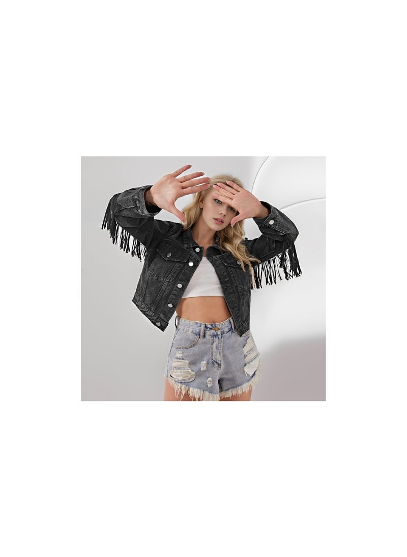 Loquat - Squality Leisure Tassels Denim Short Jacket Women Black - Image 1