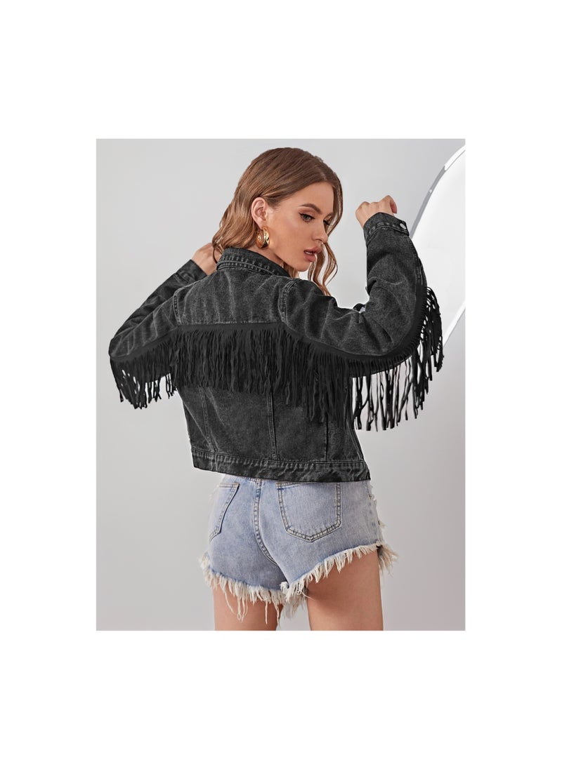 Loquat - Squality Leisure Tassels Denim Short Jacket Women Black - Image 1