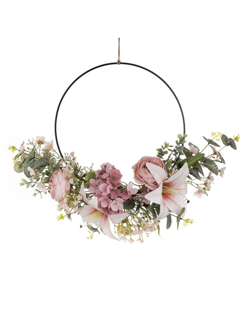 GGOOT Double Ring Metal Floral Hoop Wreath, 19inch Artificial Rose Flower and Eucalyptus Wire Round Hoop Hanging Flower Wreath for Home Wedding Outdoor Wall Window Decorations  - Image 1