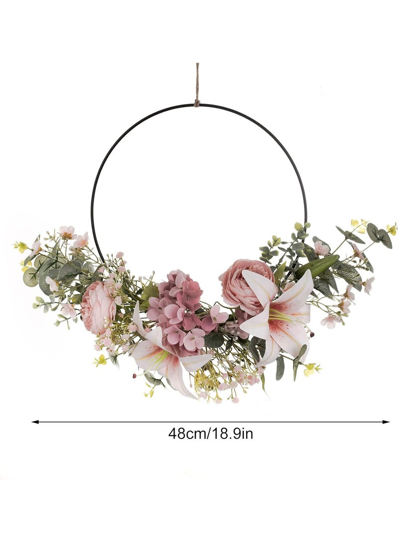 GGOOT Double Ring Metal Floral Hoop Wreath, 19inch Artificial Rose Flower and Eucalyptus Wire Round Hoop Hanging Flower Wreath for Home Wedding Outdoor Wall Window Decorations  - Image 2