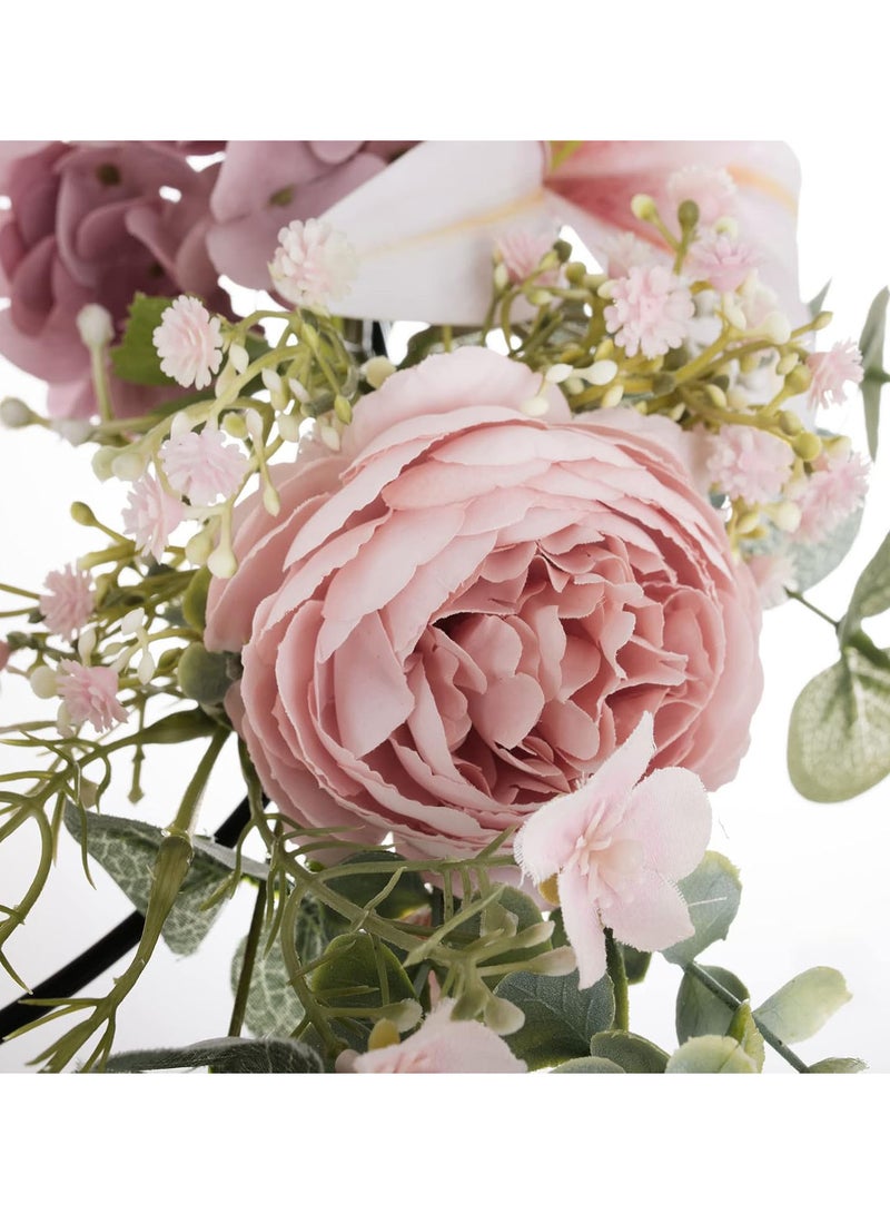 GGOOT Double Ring Metal Floral Hoop Wreath, 19inch Artificial Rose Flower and Eucalyptus Wire Round Hoop Hanging Flower Wreath for Home Wedding Outdoor Wall Window Decorations  - Image 3