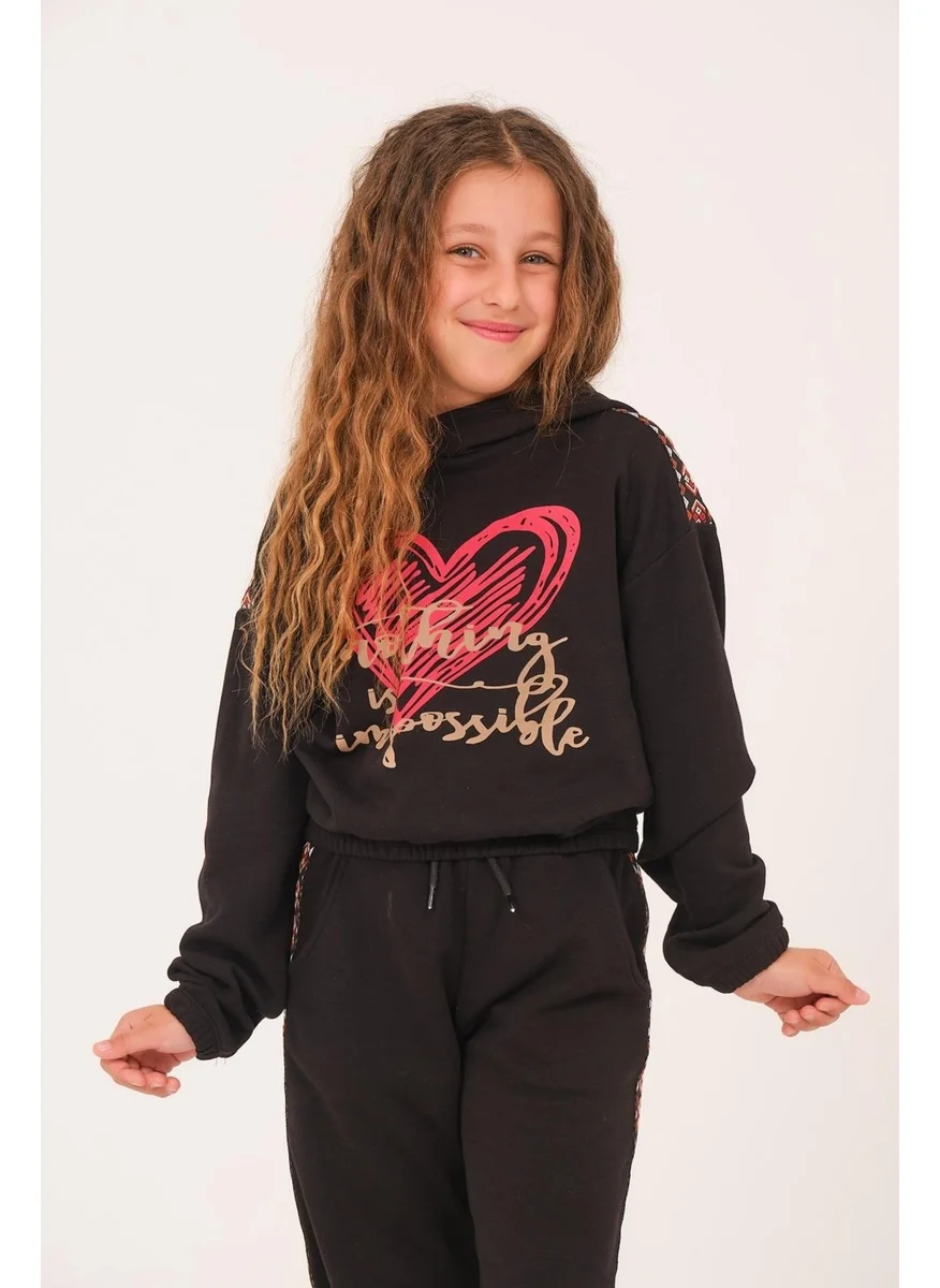 Jazziee Young Girl Heart Printed Hooded Sweatshirt - Black