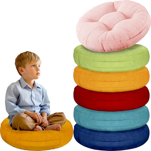 Degrees of Comfort 6Pcs Round Floor Cushions for Kids Waterproof Flexible Seating for Classroom Elementary Safe Smolder Resistance Sitting Pillows with Handles 15inch Multicolor