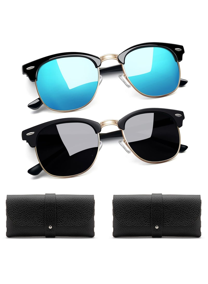 Stylish Semi Rimless Sunglasses Set, 2 Pcs Half Frame Sun Glasses with Leather Case for All, UV400 Protection - Image 1