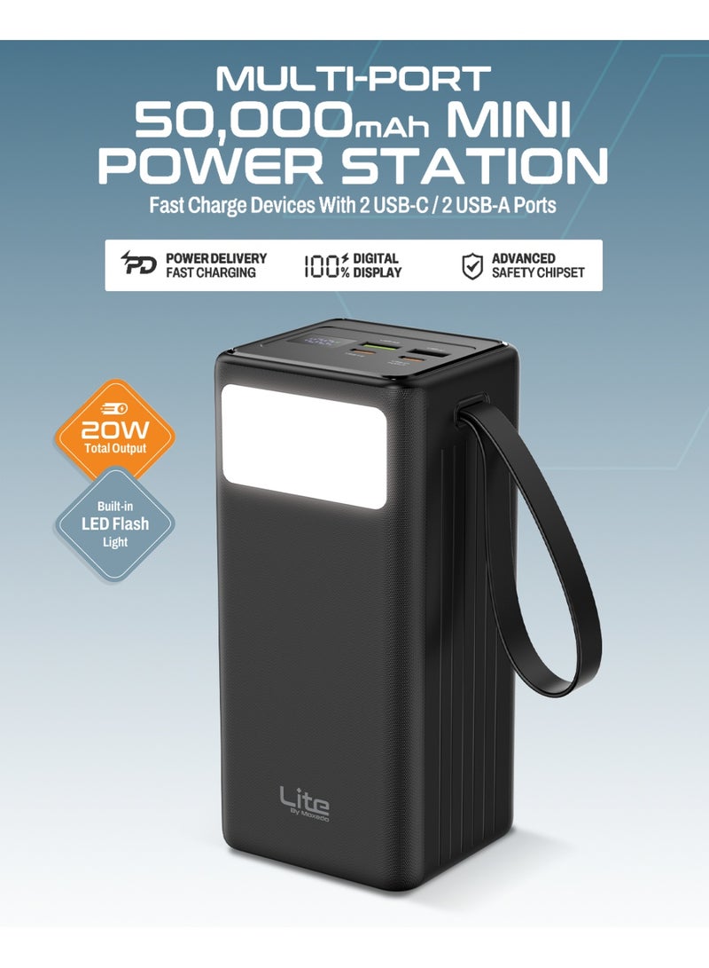 Moxedo Lite Multi-Port 50,000 mAh PD 20W Mini Power Station Fast Charging 2 USB-C / 2 USB-A Ports Portable with Built-in LED Flash Light and Lanyard - Image 2