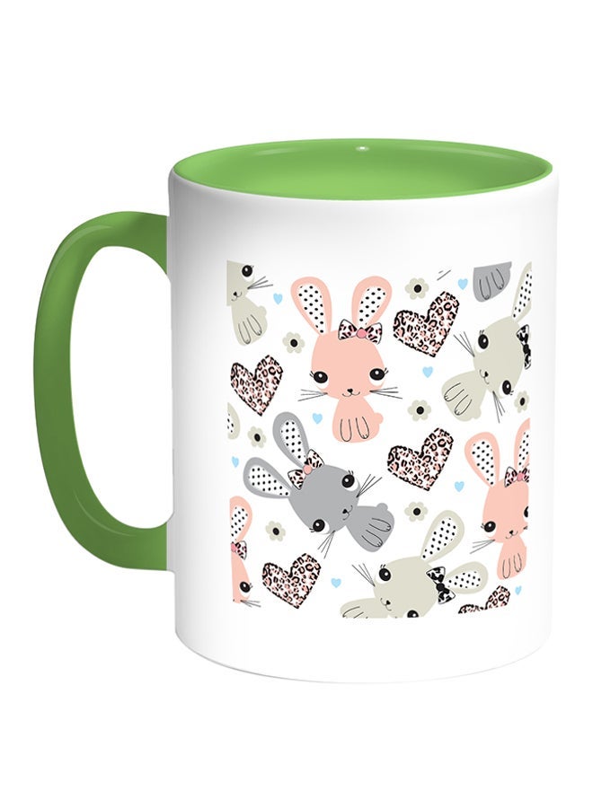 Cartoon Drawings - Rabbits Printed Coffee Mug White/Green 11ounce