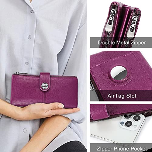 CONTACTS 18 Card Slots Turnlock Wallet for Women Leather Airtag Purse Zipper Phone Organizer Bifold Rfid Wallet with Photo Window (Purple) - Image 2