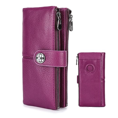CONTACTS 18 Card Slots Turnlock Wallet for Women Leather Airtag Purse Zipper Phone Organizer Bifold Rfid Wallet with Photo Window (Purple) - Image 1