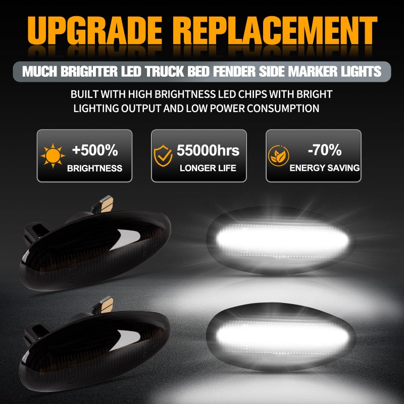 Gempro White LED Dually Fender Side Marker Lights for 2001-2014 Chevy Silverado GMC Sierra 2500 3500 Dual Rear Wheel Bed Marker Lamps, Smoked Len 4PCS - Image 2