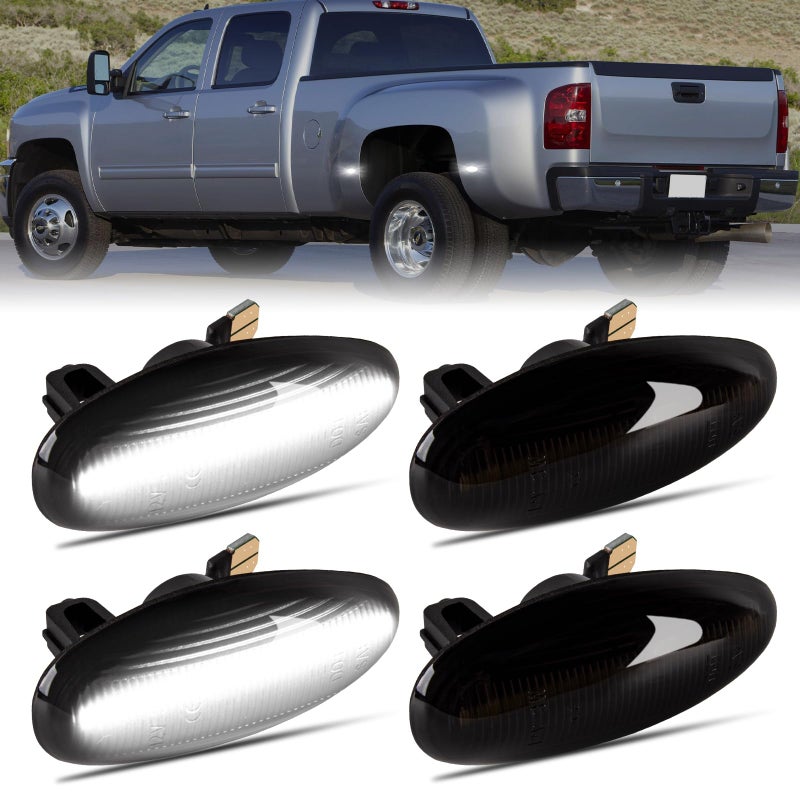 Gempro White LED Dually Fender Side Marker Lights for 2001-2014 Chevy Silverado GMC Sierra 2500 3500 Dual Rear Wheel Bed Marker Lamps, Smoked Len 4PCS - Image 1