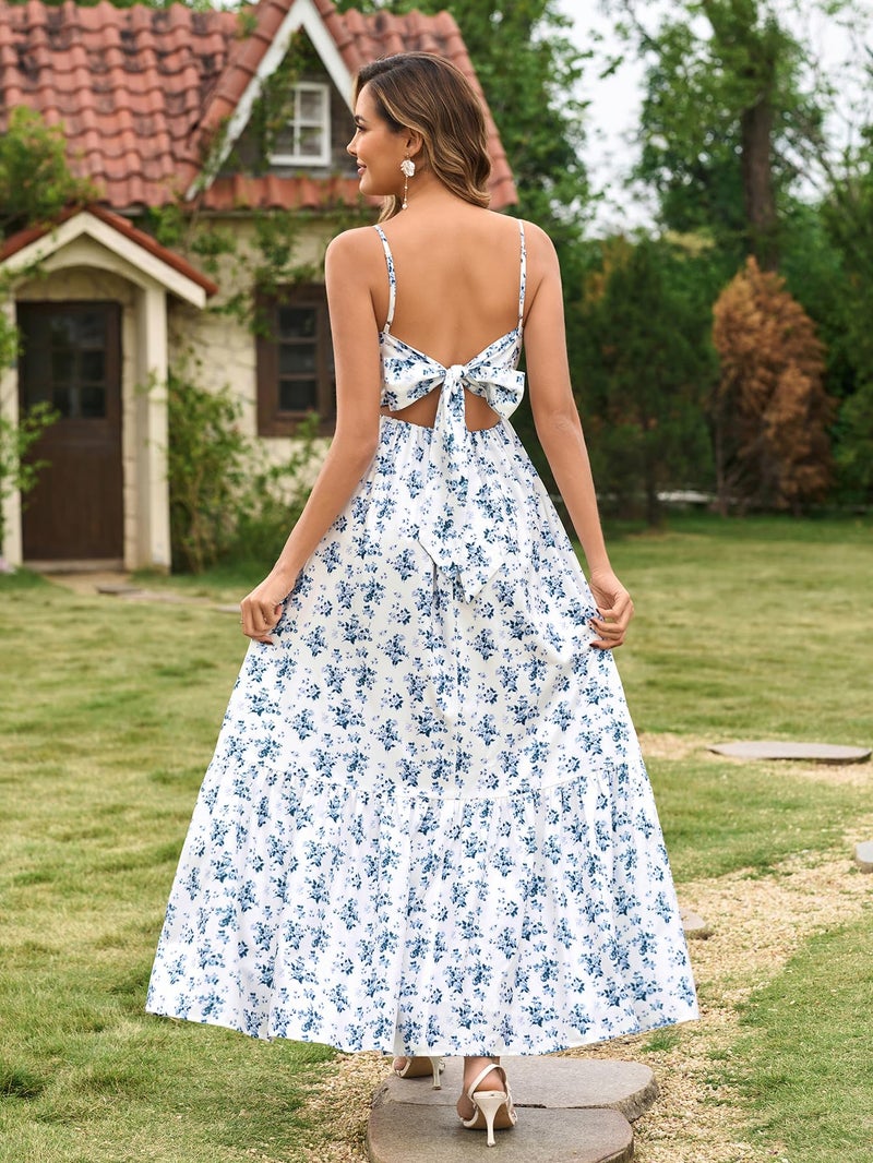 HTZMO Women's Summer Wedding Guest Floral Maxi Sundress Lace V Neck Back Bow Tie Casual Boho Beach Party Long Dresses BlueFloral M - Image 4