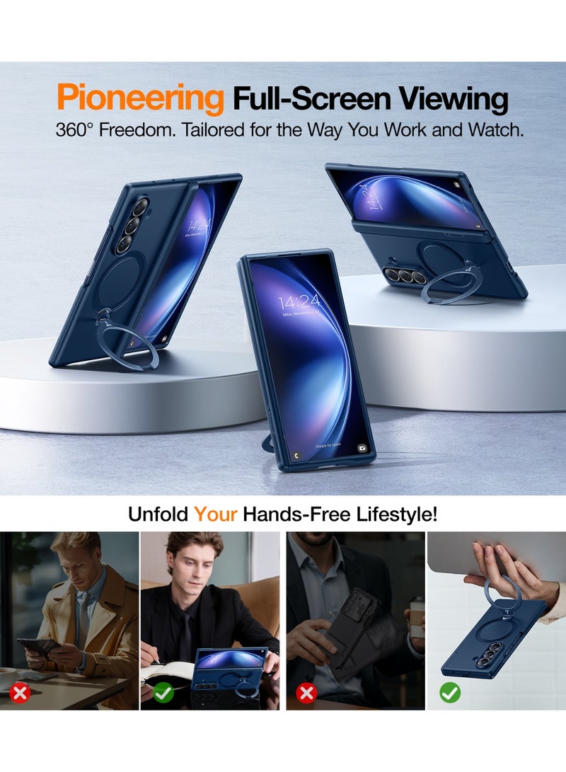 Ostand Spin Series 360 Spin Magnetic Stand for Galaxy Z Fold 7 Case, MIL-Grade Hinge Protection, Fit for Magsafe, 360 Kickstand & Ring Holder, Armor Hard Slim Case - Navy Blue - Image 4