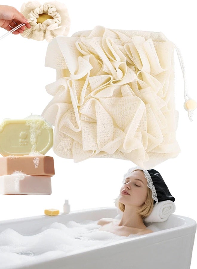 2 In 1 Drawstring Loofah Soap Bag Bath Sponge Skin Cleansing Beige - Image 1