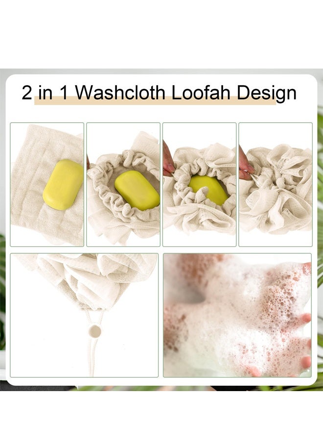 2 In 1 Drawstring Loofah Soap Bag Bath Sponge Skin Cleansing Beige - Image 5