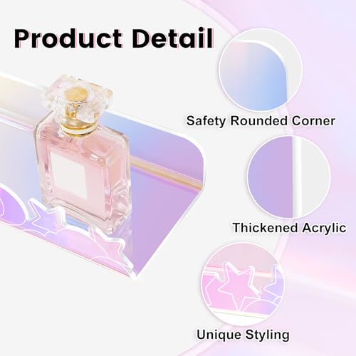 alldomess Floating Shelves for Wall,4 Pack 15.7’’x 3.5’’Adhesive Acrylic Shelves Organizer for Book Toy Photo Makeup,Wall-Mounted Kids Storage for Bathroom,Bedroom,Nursery,Iridescent Star and Moon - Image 3
