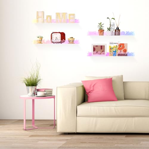alldomess Floating Shelves for Wall,4 Pack 15.7’’x 3.5’’Adhesive Acrylic Shelves Organizer for Book Toy Photo Makeup,Wall-Mounted Kids Storage for Bathroom,Bedroom,Nursery,Iridescent Star and Moon - Image 5