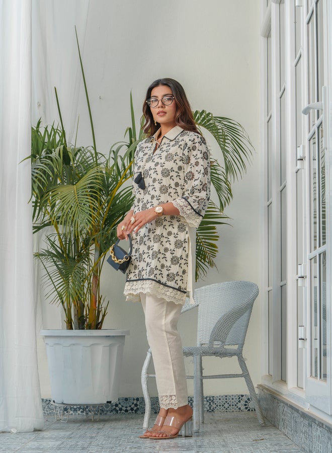 DW Floral Embroidered Shirt Collar Pure Cotton Tunic and Trousers Co-Ords - Image 5