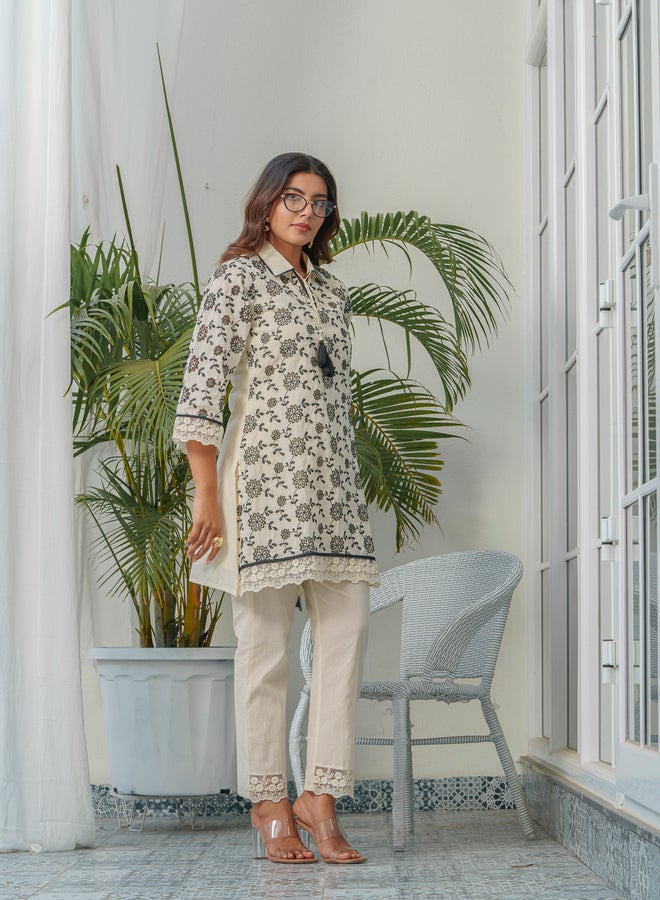 DW Floral Embroidered Shirt Collar Pure Cotton Tunic and Trousers Co-Ords - Image 4