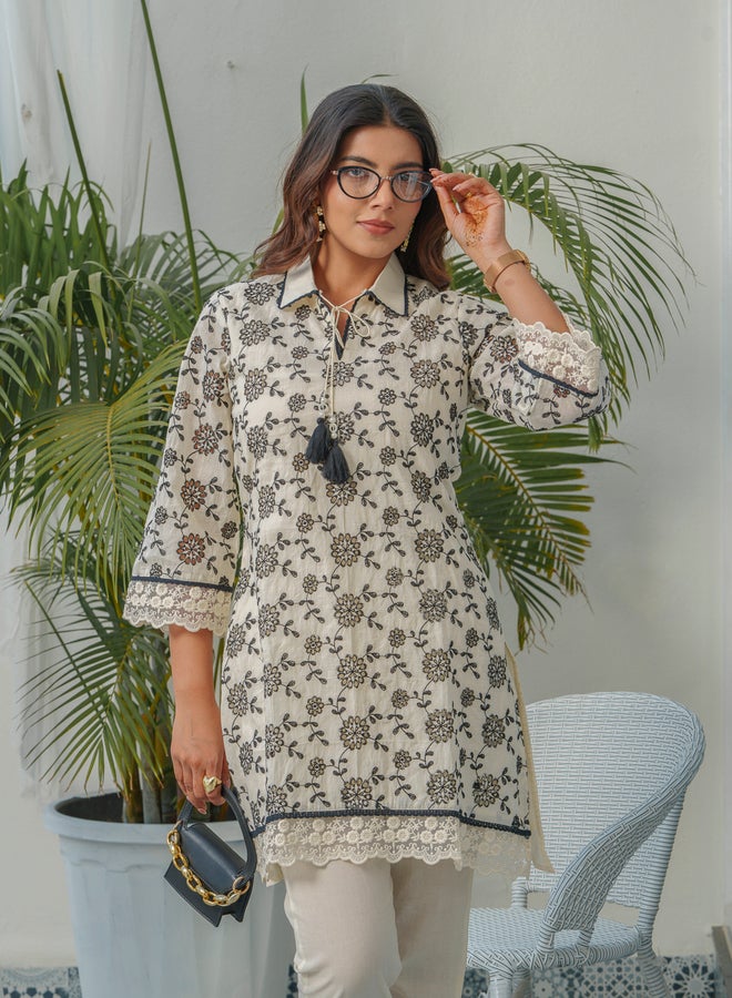 DW Floral Embroidered Shirt Collar Pure Cotton Tunic and Trousers Co-Ords - Image 2