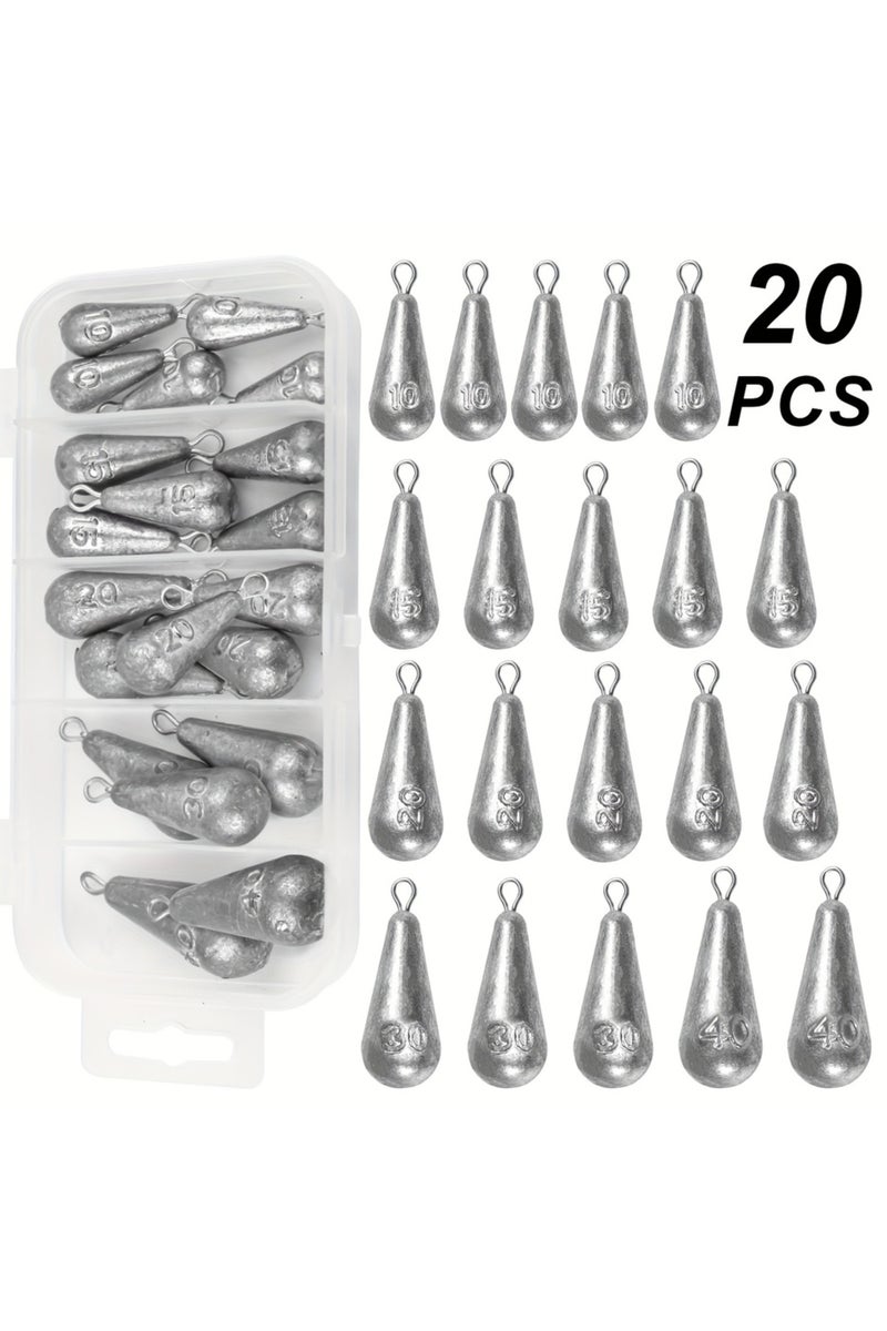 Mixed-size 20pcs Fishing Weights Sinkers, 10 Sizes Teardrop-Shaped Fishing Lead Sinkers, Bass Casti