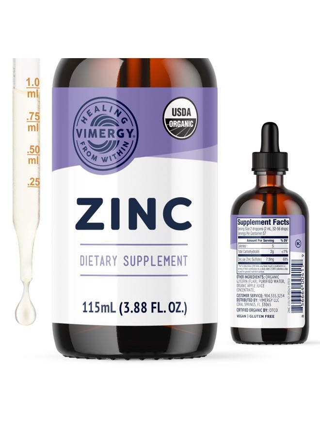 Vimergy Liquid Zinc – Fast-Absorbing Immune Support* – Promotes Healthy Bones & Skin – USDA Certified Organic, Vegan, Non-GMO – 57 Servings (115 mL) - Image 1