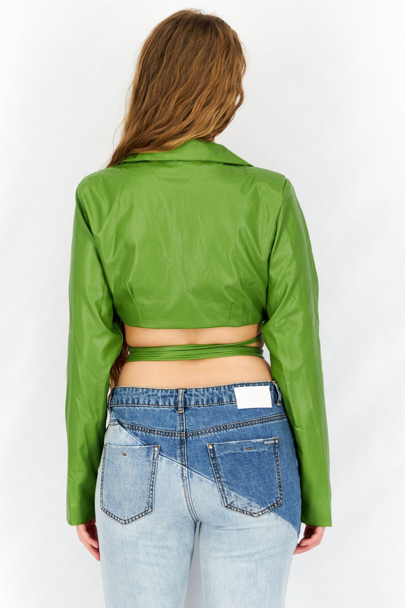 MISSY EMPIRE Women Notched Collar Long Sleeves Solid Leather Top, Green - Image 2