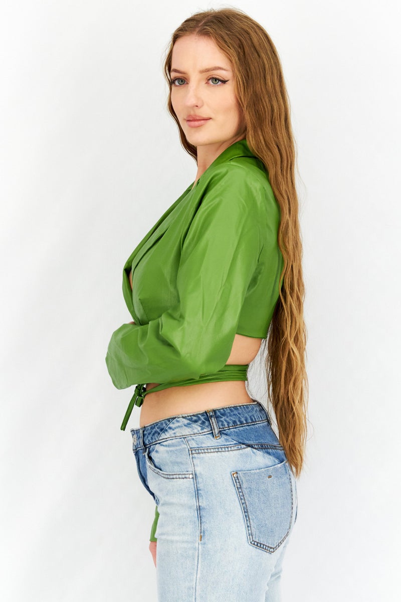 MISSY EMPIRE Women Notched Collar Long Sleeves Solid Leather Top, Green - Image 3