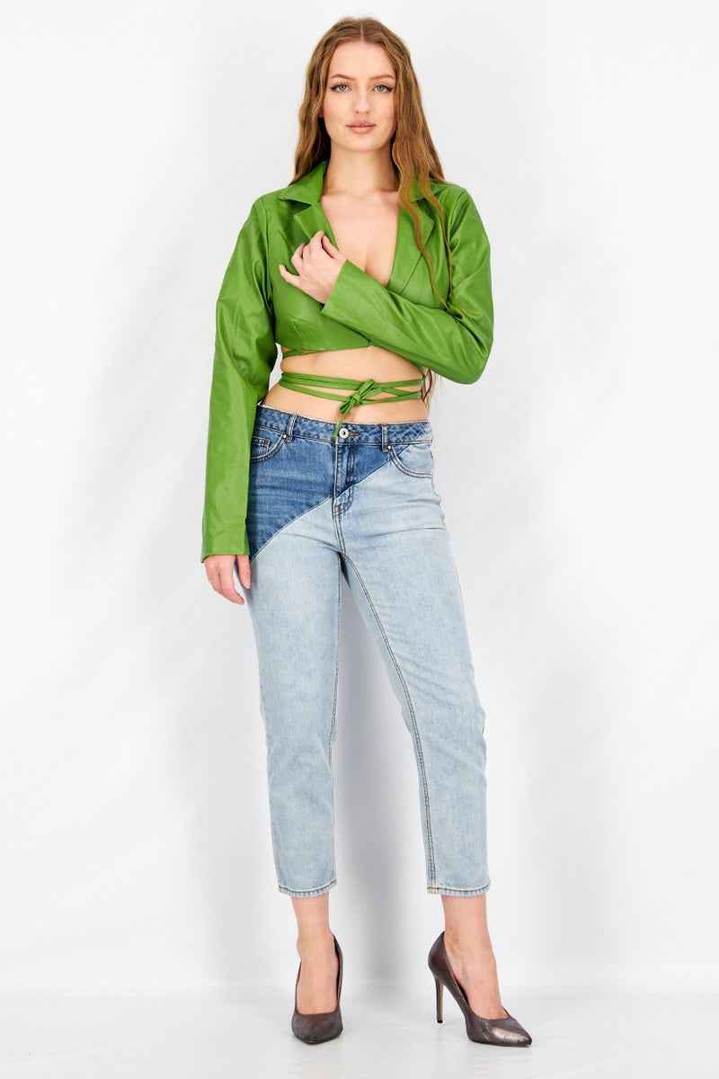 MISSY EMPIRE Women Notched Collar Long Sleeves Solid Leather Top, Green - Image 4