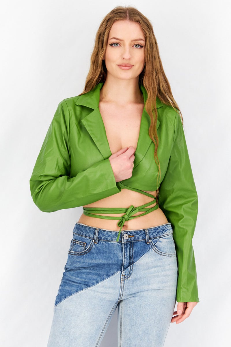 MISSY EMPIRE Women Notched Collar Long Sleeves Solid Leather Top, Green - Image 1