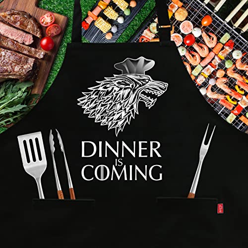 ALIPOBO Grill Aprons for Men Women, Dinner is Coming Kitchen Chef Apron with 2 Pockets and 40" Long Ties, Adjustable Bib Apron for Cooking, BBQ, Baking, Gardening, Black - Image 2