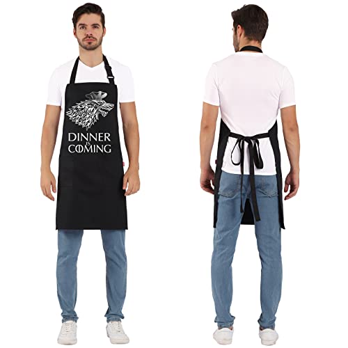 ALIPOBO Grill Aprons for Men Women, Dinner is Coming Kitchen Chef Apron with 2 Pockets and 40" Long Ties, Adjustable Bib Apron for Cooking, BBQ, Baking, Gardening, Black - Image 5