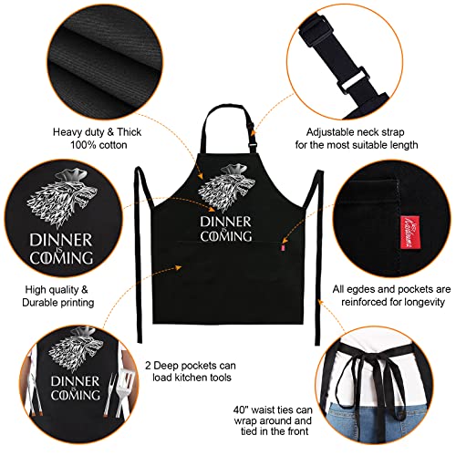 ALIPOBO Grill Aprons for Men Women, Dinner is Coming Kitchen Chef Apron with 2 Pockets and 40" Long Ties, Adjustable Bib Apron for Cooking, BBQ, Baking, Gardening, Black - Image 3