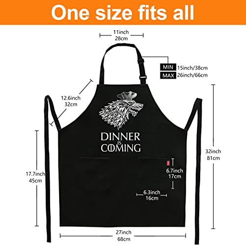 ALIPOBO Grill Aprons for Men Women, Dinner is Coming Kitchen Chef Apron with 2 Pockets and 40" Long Ties, Adjustable Bib Apron for Cooking, BBQ, Baking, Gardening, Black - Image 4