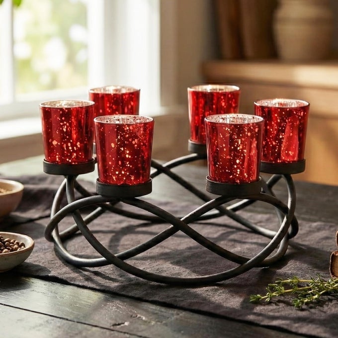 IRON ROUND VOTIVE TEALIGHT CANDLE HOLDER CENTERPIECE FOR HALLOWEEN AND CHRISTMAS DECORATIONS TABLE DECOR FOR WEDDINGS OUTDOOR PATIO KITCHEN AND COFFEE TABLES BLACK 6 RED CUPS