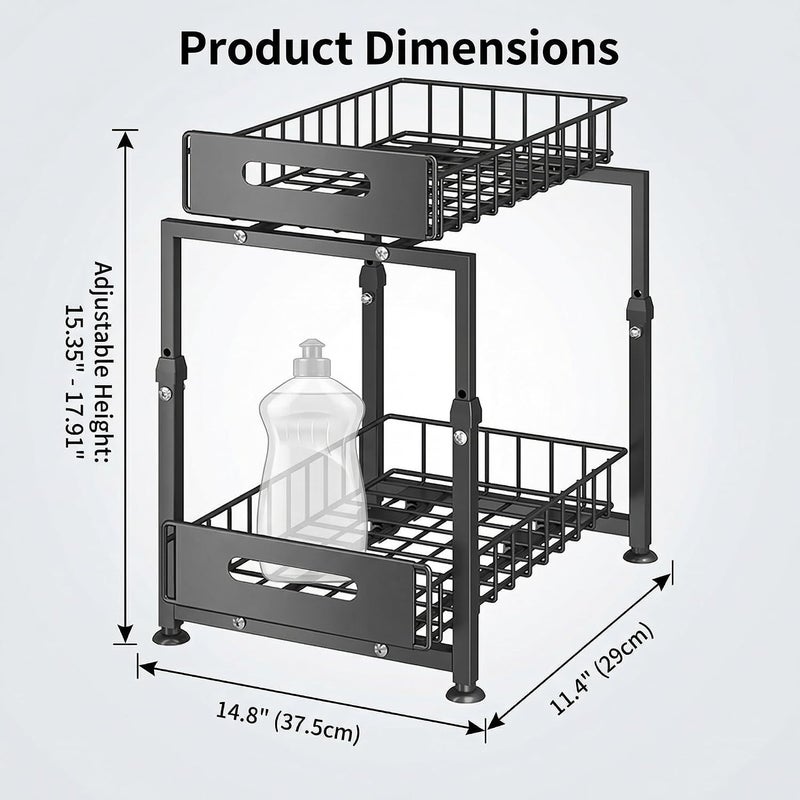 SALADAYS 2-Tier Pull-Out Metal Storage Rack for Kitchen Under Sink & Cabinets – Heavy-Duty Iron Organizer with Slide-Out Baskets, 41–49cm Adjustable Height, 29x37.5cm Base - Image 2
