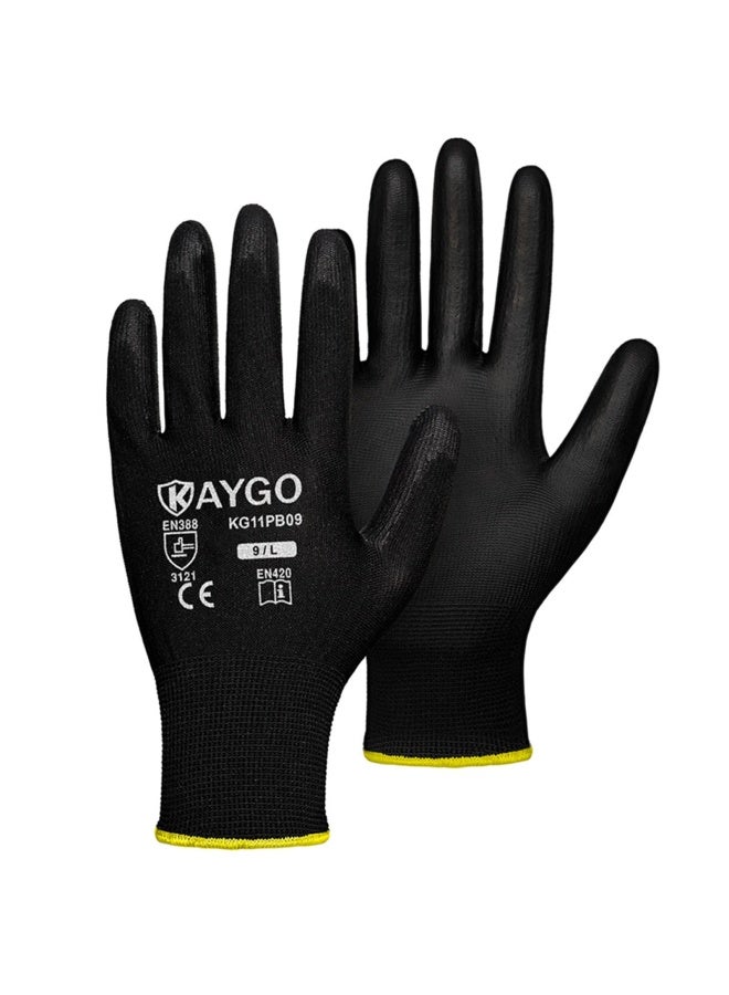 KAYGO قفازات عمل كايغو السلامة مغلفة بـ PU، 12 زوج KG11PB قفاز محبوك بدون seams للرجال والنساء، مع قبضة سلسة على الكف والأصابع، مثالي للعمل العام (كبير، أسود) - Image 1