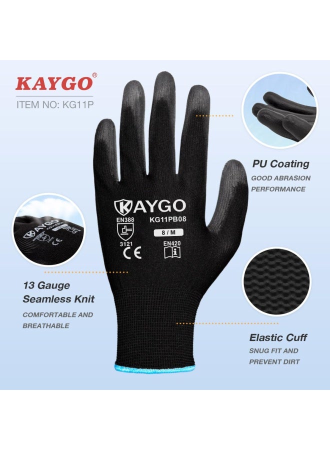 KAYGO قفازات عمل كايغو السلامة مغلفة بـ PU، 12 زوج KG11PB قفاز محبوك بدون seams للرجال والنساء، مع قبضة سلسة على الكف والأصابع، مثالي للعمل العام (كبير، أسود) - Image 2