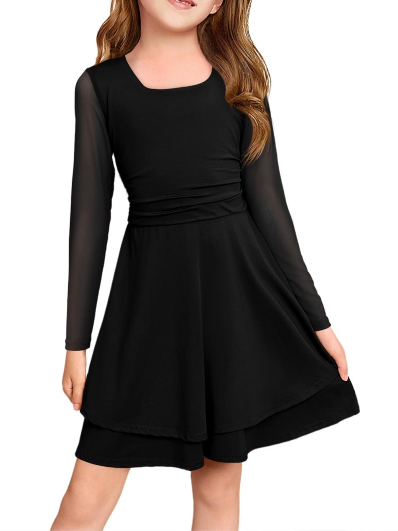 Haloumoning Girls Mesh Long Sleeve Dress Kids Square Neck Ruched Waist Double Layered Party Dance Dresses 5-14Y Black - Image 1