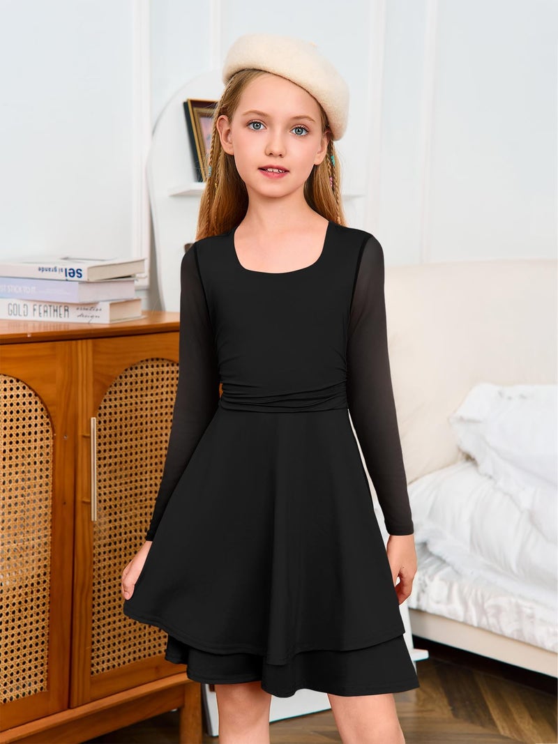 Haloumoning Girls Mesh Long Sleeve Dress Kids Square Neck Ruched Waist Double Layered Party Dance Dresses 5-14Y Black - Image 4