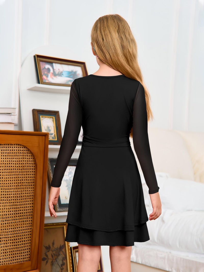 Haloumoning Girls Mesh Long Sleeve Dress Kids Square Neck Ruched Waist Double Layered Party Dance Dresses 5-14Y Black - Image 5