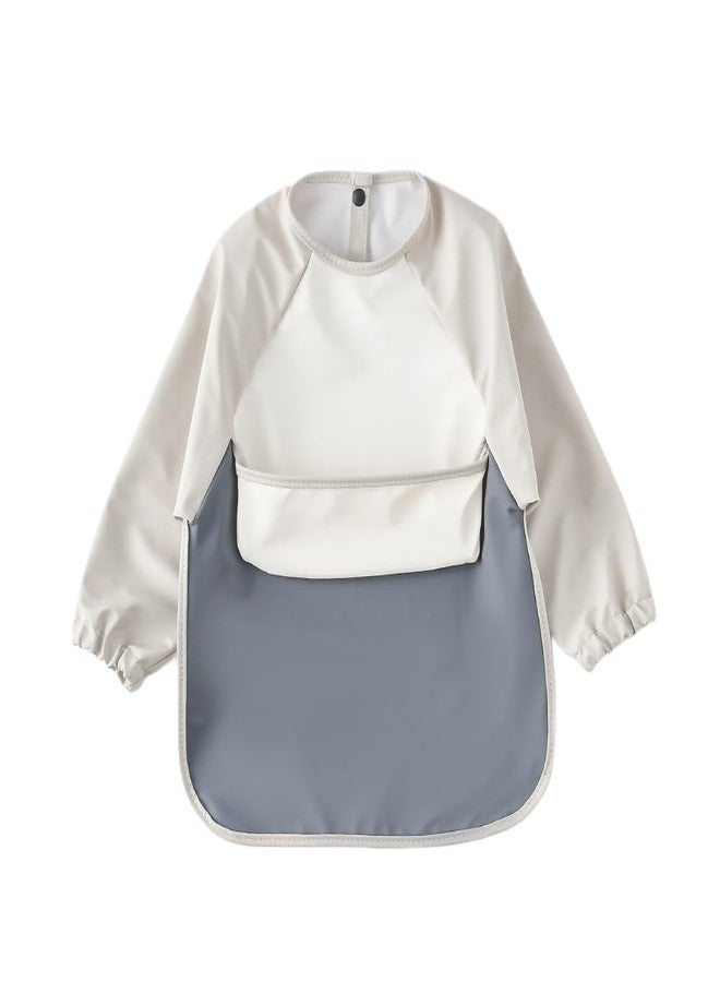 GZMM Waterproof Baby Bibs,Infant Toddler Long Sleeve Feeding Bib With Food Catcher,Wipe Clean & Washable(Beige+milk+grey) - Image 1