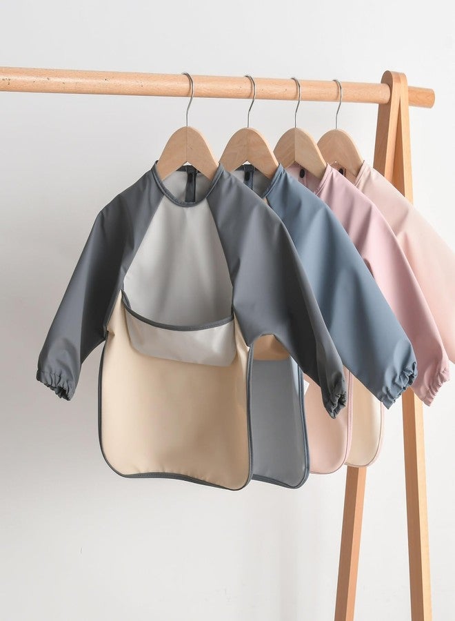 GZMM Waterproof Baby Bibs,Infant Toddler Long Sleeve Feeding Bib With Food Catcher,Wipe Clean & Washable(Beige+milk+grey) - Image 4