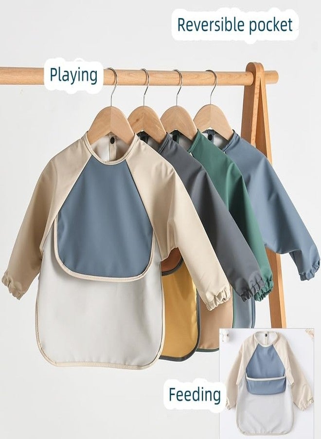 GZMM Waterproof Baby Bibs,Infant Toddler Long Sleeve Feeding Bib With Food Catcher,Wipe Clean & Washable(Beige+milk+grey) - Image 2