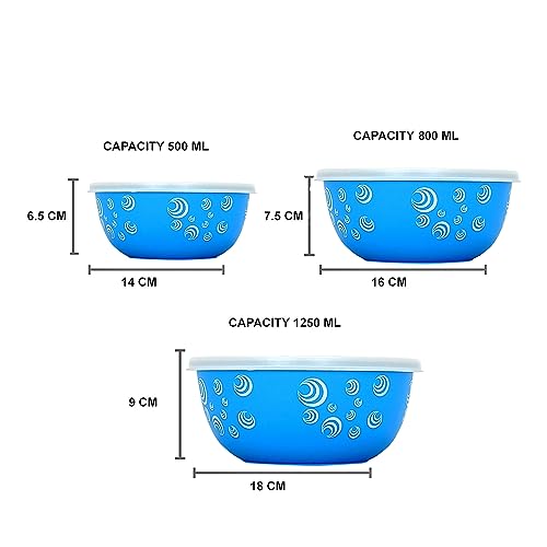 Zaib Microwave Safe Stainless Steel Food Storage Container with Lid | Euro Mixing Bowl Set for Kitchen | 500ml, 800ml, 1250ml | Pack of 3 | Reheatable, BPA-Free (3 Print Blue Spiral) - Image 3